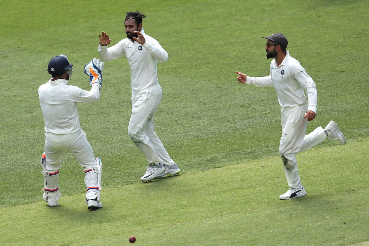 Hanuma Vihari is congratulated after removing Marcus Harris, Australia v India, 2nd Test, Perth, 1st day, December 14, 2018