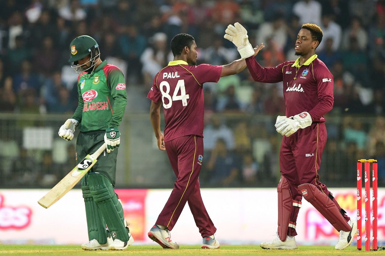 Keemo Paul and Shimron Hetmyer celebrate Liton Das' dismissal, Bangladesh v West Indies, 3rd ODI, Sylhet, December 14, 2018