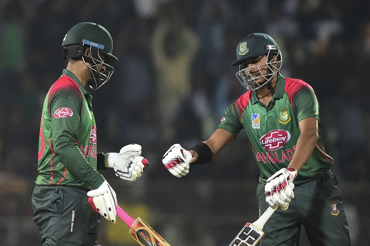 Tamim Iqbal and Soumya Sarkar fist-bump each other, Bangladesh v West Indies, 3rd ODI, Sylhet, December 14, 2018