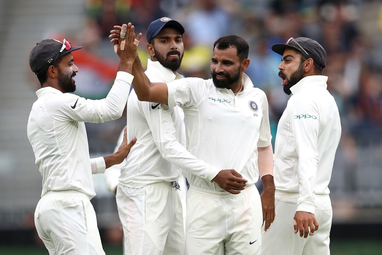 Mohammed Shami celebrates a wicket with his team-mates, Australia v India, 2nd Test, Perth, 3rd day, December 16, 2018