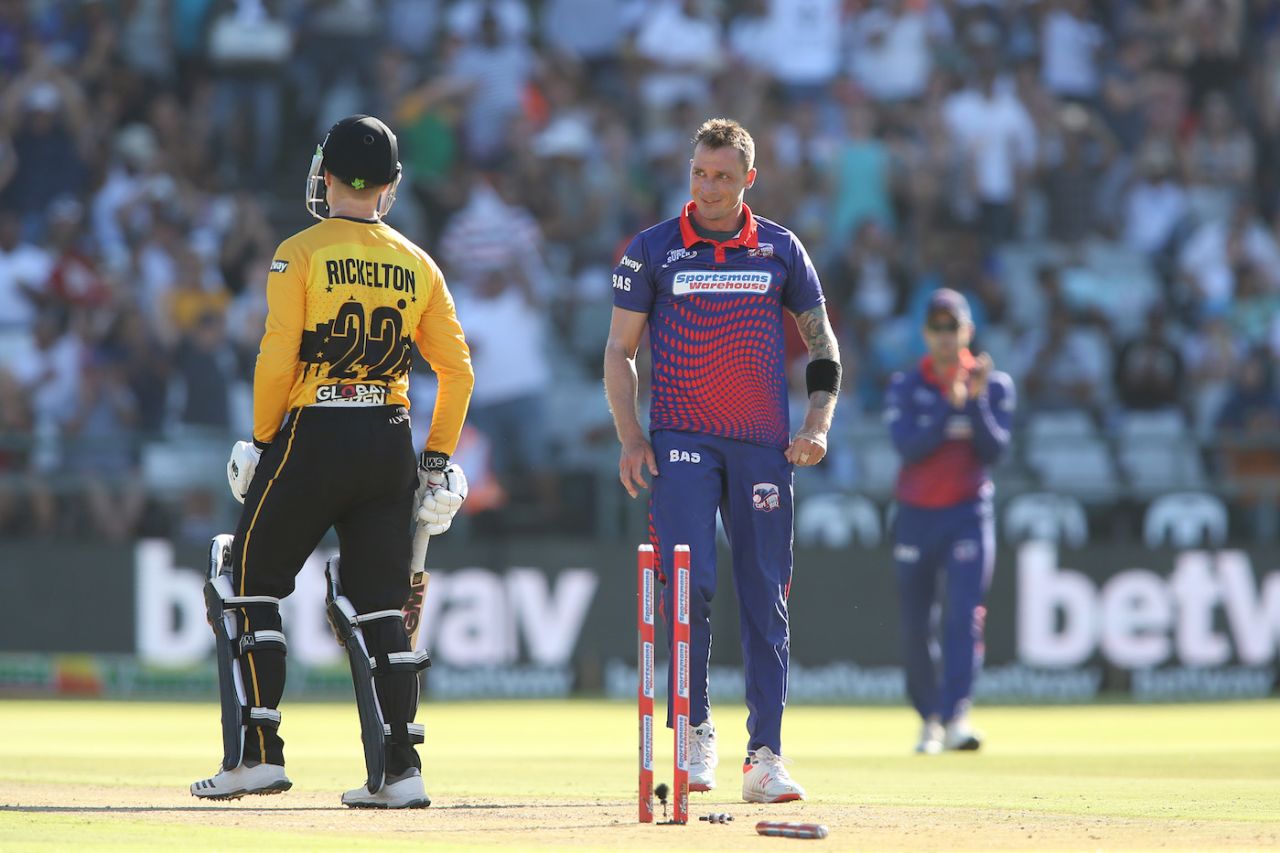 Dale Steyn lets out a smile after knocking over the off stump, Cape Town Blitz v Jozi Stars, Mzansi Super League 2018, Cape Town, December 16, 2018