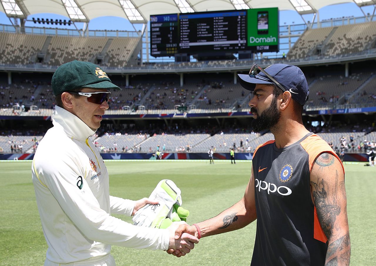 Tim Paine and Virat Kohli shake hands, Australia v India, 2nd Test, Perth, 5th day, December 18, 2018