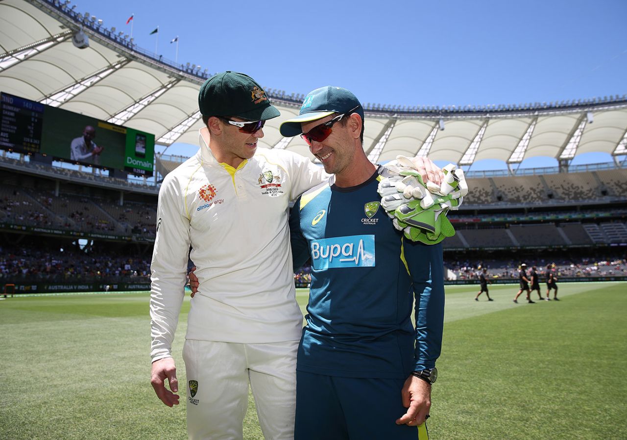 Tim Paine and Justin Langer after victory was secured, Australia v India, 2nd Test, Perth, 5th day, December 18, 2018