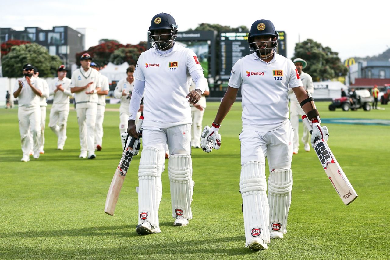 Angelo Mathews and Kusal Mendis walk off after having batted through the day, New Zealand v Sri Lanka, 1st Test, Wellington, 4th day
