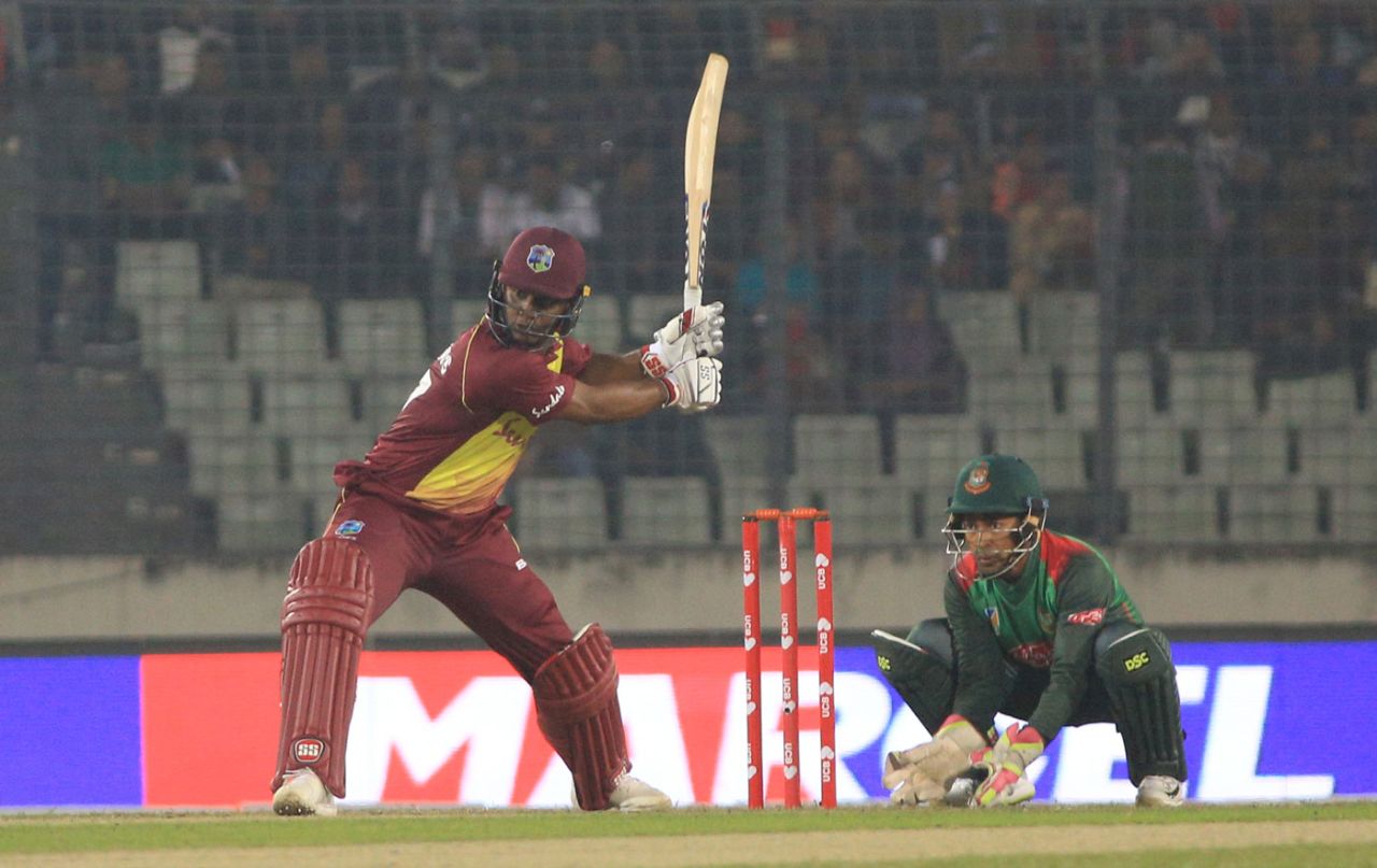 Evin Lewis shapes to hit into the leg side, Bangladesh v West Indies, 3rd T20I, Mirpur, December 22, 2018