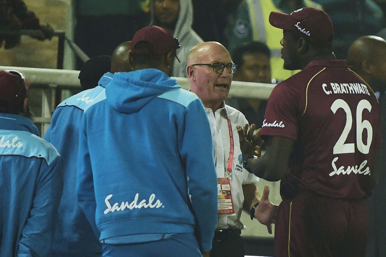 Carlos Brathwaite talks with match referee Jeff Crowe about the controversial no-ball call, Bangladesh v West Indies, 3rd T20I, Mirpur, December 22, 2018