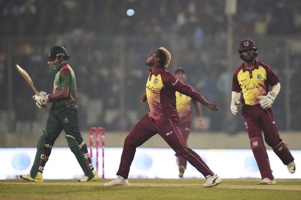 Fabian Allen roars in delight after getting Soumya Sarkar, Bangladesh v West Indies, 3rd T20I, Mirpur, December 22, 2018