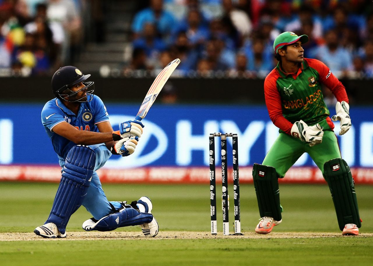 Rohit Sharma slogs, Bangladesh v India, World Cup 2015, 2nd quarter-final, Melbourne, March 19, 2015