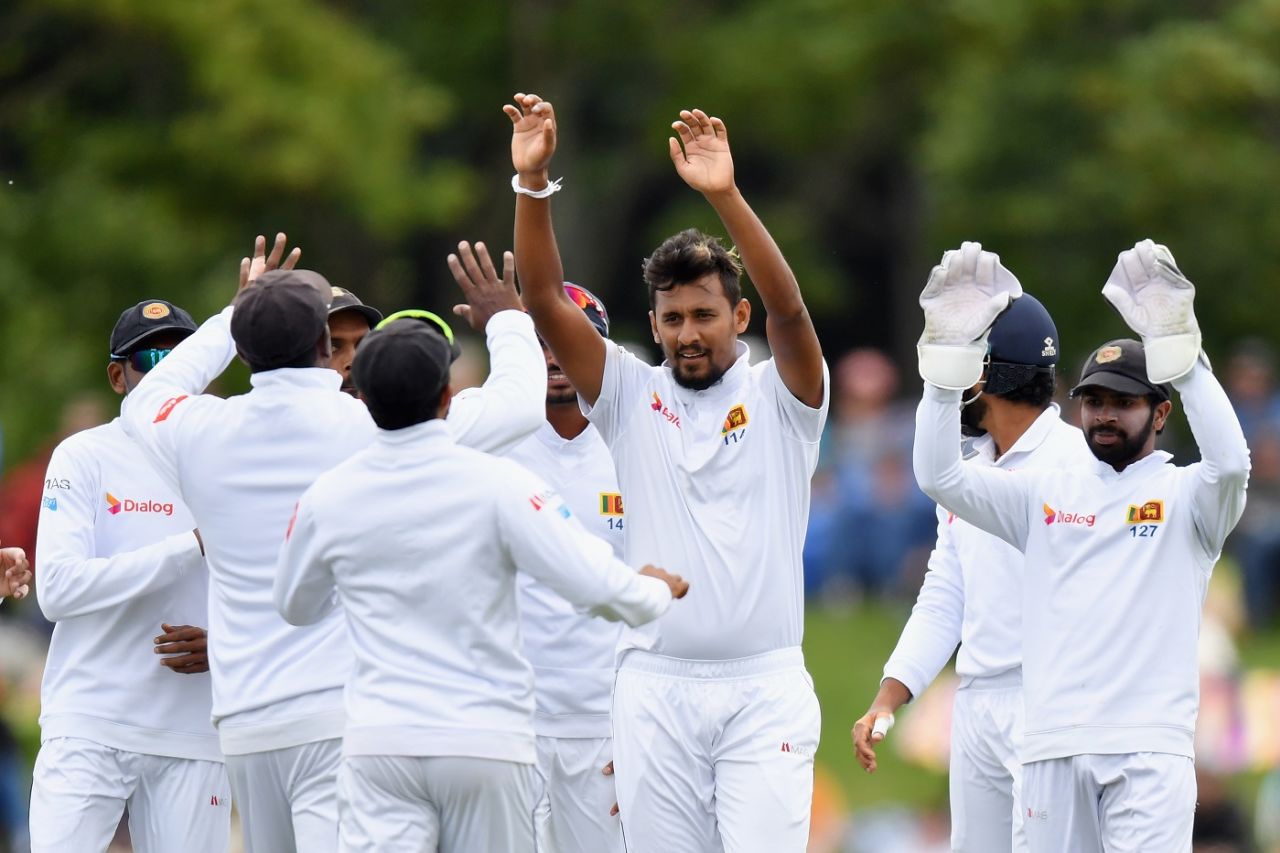 Suranga Lakmal celebrates with his team-mates, New Zealand v Sri Lanka, 2nd Test, Christchurch, 1st day, December 26, 2018