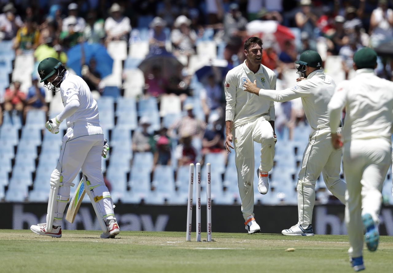 Duanne Olivier celebrates the wicket of Mohammad Amir to bring up his five-wicket haul, South Africa v Pakistan, 1st Test, Centurion, 1st day, December 26, 2018