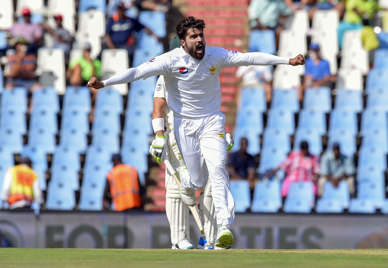 Mohammad Amir celebrates the wicket of Hashim Amla, South Africa v Pakistan, 1st Test, Centurion, 1st day, December 26, 2018