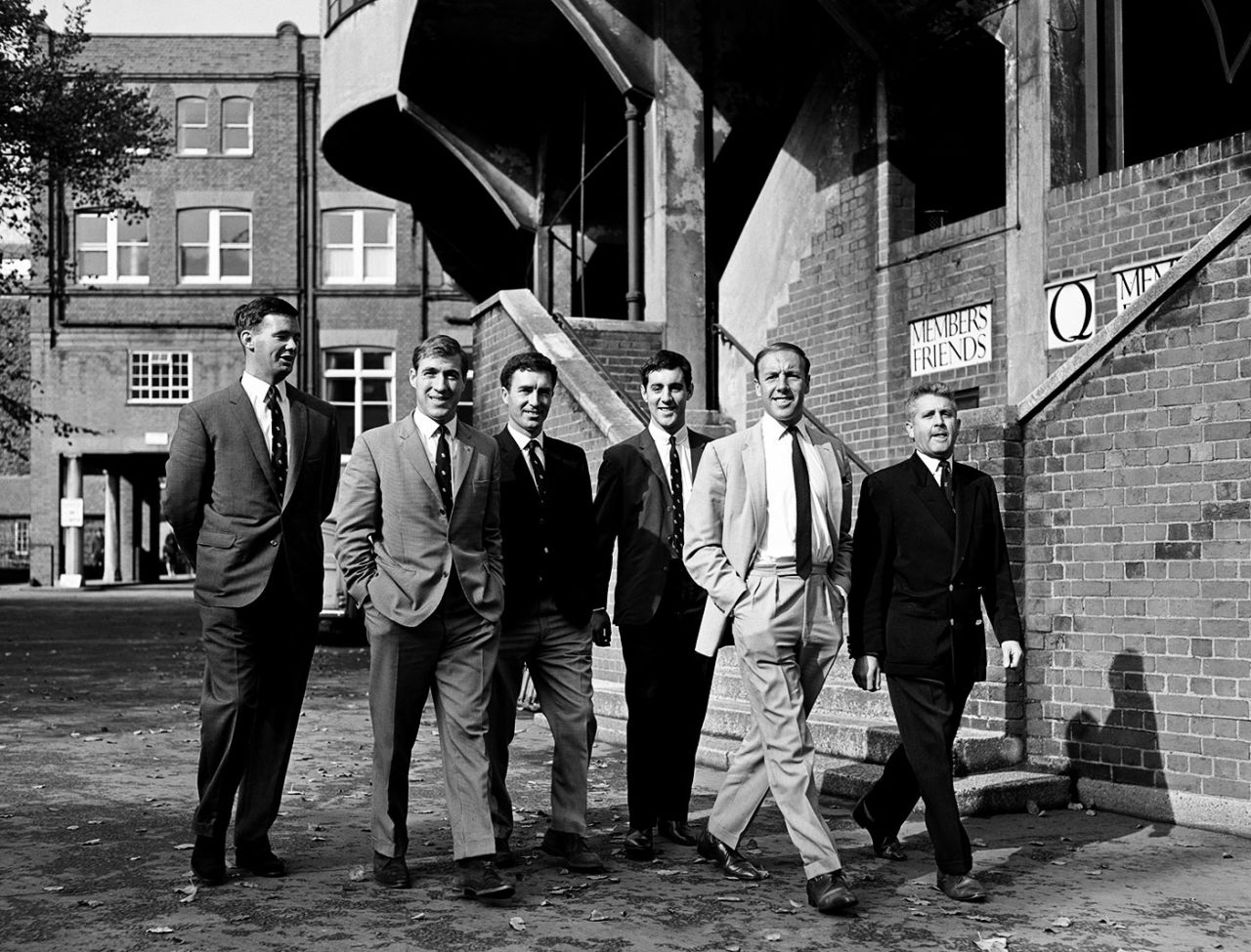 Middlesex players John Price, Peter Parfitt, Fred Titmus, Mike Brearley, John Murray and team manager R Nicholson arrive at Lord's before England depart for South Africa, October 15, 1964