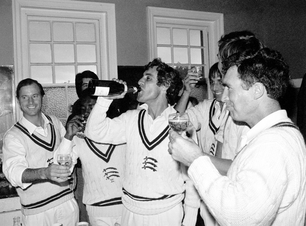 Mike Brearely and his Middlesex team-mates enjoy a round of champagne after winning the County Championship, Surrey v Middlesex, County Championship, 3rd day, The Oval, September 3, 1976