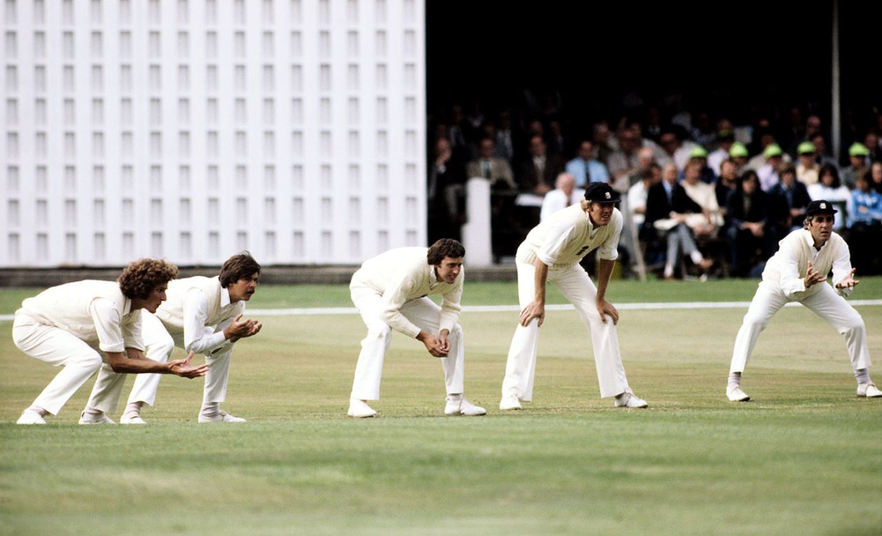 Mike Brearley, Tony Greig, Mike Hendrick, Geoff Miller and Bob Willis field for England at slips, England v Australia, 3rd Test, Trent Bridge, 1st day, July 28, 1977