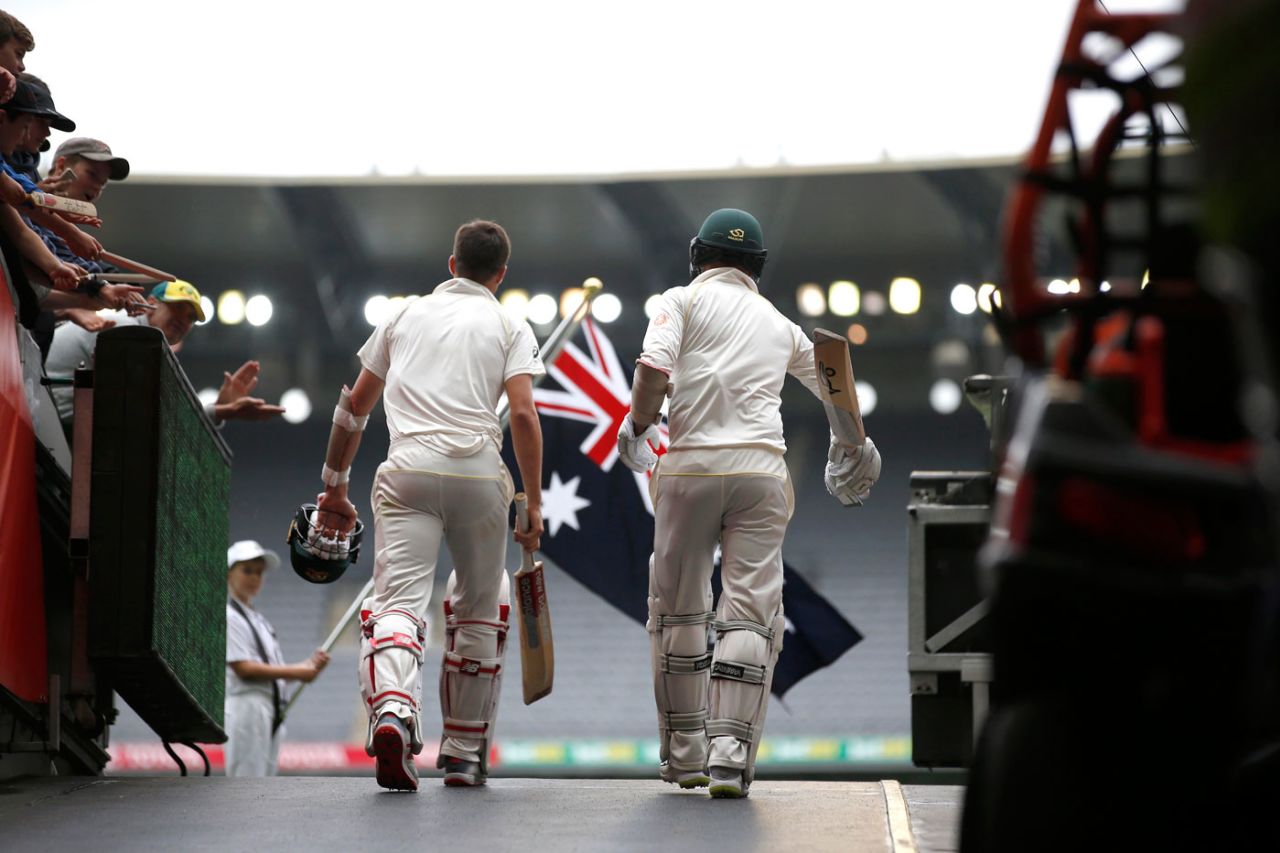 Pat Cummins and Nathan Lyon walk out for the final day's play, Australia v India, 3rd Test, Melbourne, 5th day, December 30, 2018