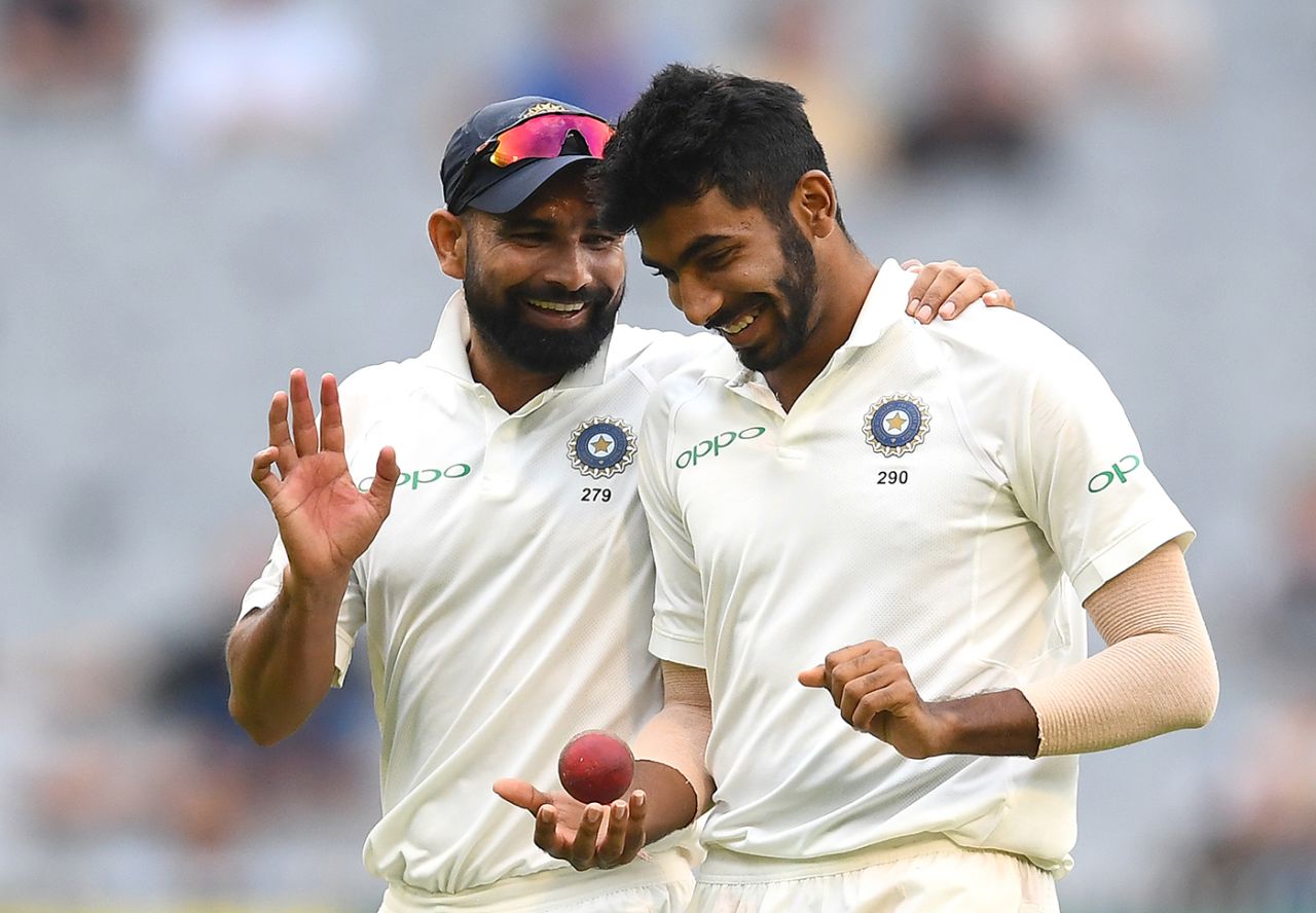 Mohammed Shami and Jasprit Bumrah share a laugh, Australia v India, 3rd Test, Melbourne, 4th day, December 29, 2018