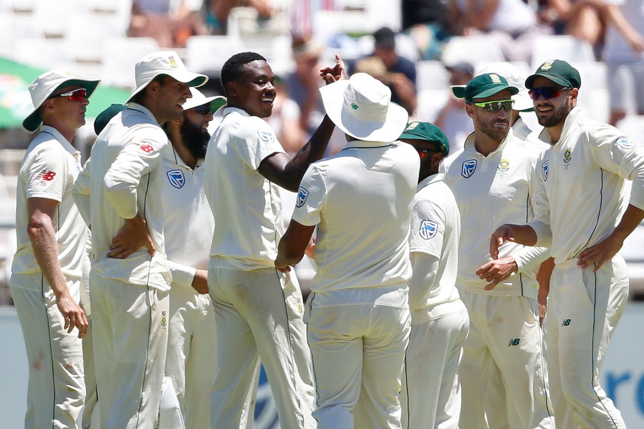 Kagiso Rabada celebrates with his team-mates, South Africa v Pakistan, 2nd Test, Cape Town, 1st day, January 3, 2018