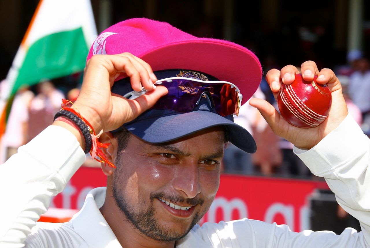 Kuldeep Yadav wears a pink cap atop his India cap, Australia v India, 4th Test, Sydney, 3rd day, January 5, 2019