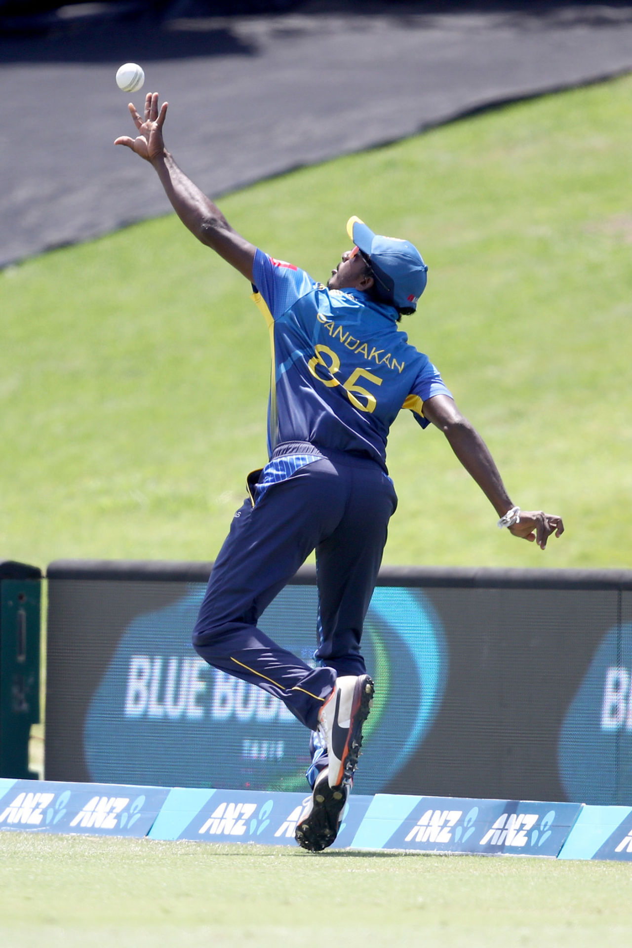Lakshan Sandakan flicks the ball back into play before completing a catch, New Zealand v Sri Lanka, 2nd ODI, Mount Maunganui