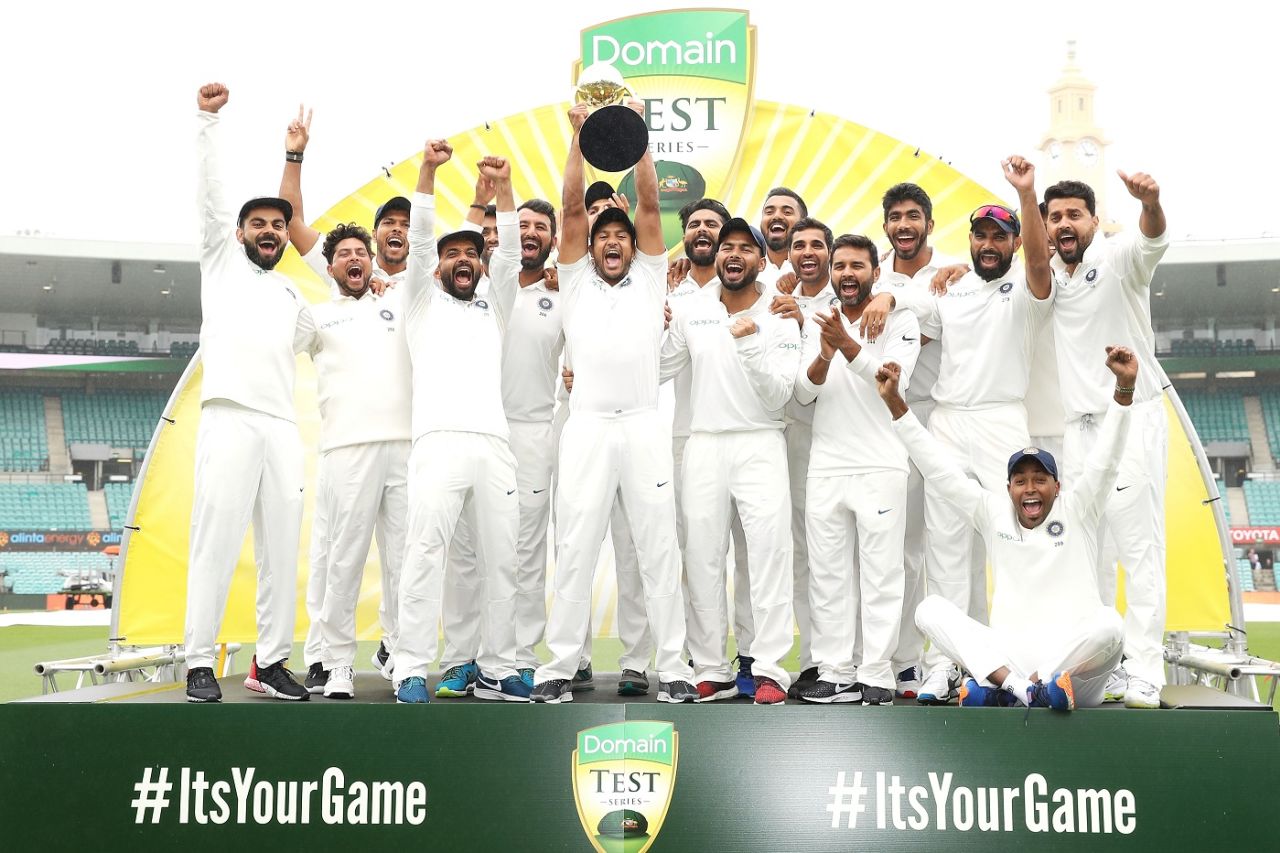 Mayank Agarwal and the India team celebrate with the Border-Gavaskar Trophy, Australia v India, 4th Test, Sydney, 5th day, January 7, 2019