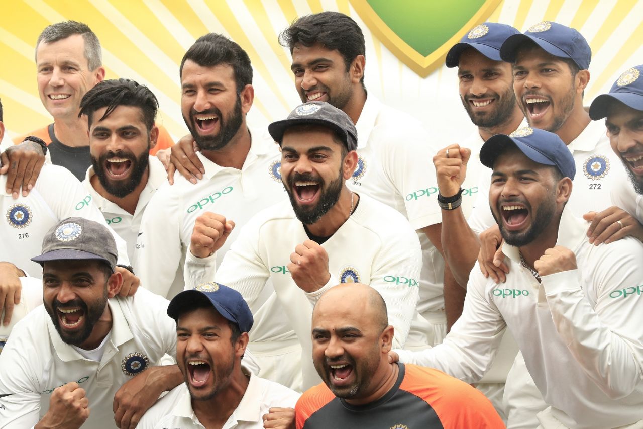 Members of the Indian team celebrate after winning the Border-Gavaskar Trophy, Australia v India, 4th Test, Sydney, 5th day, January 7, 2019