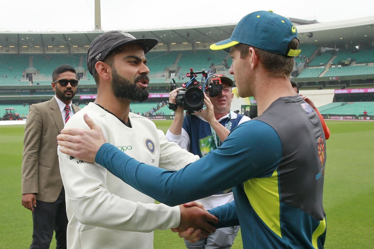 Virat Kohli and Tim Paine shake hands after the series, Australia v India, 4th Test, Sydney, 5th day, January 7, 2019