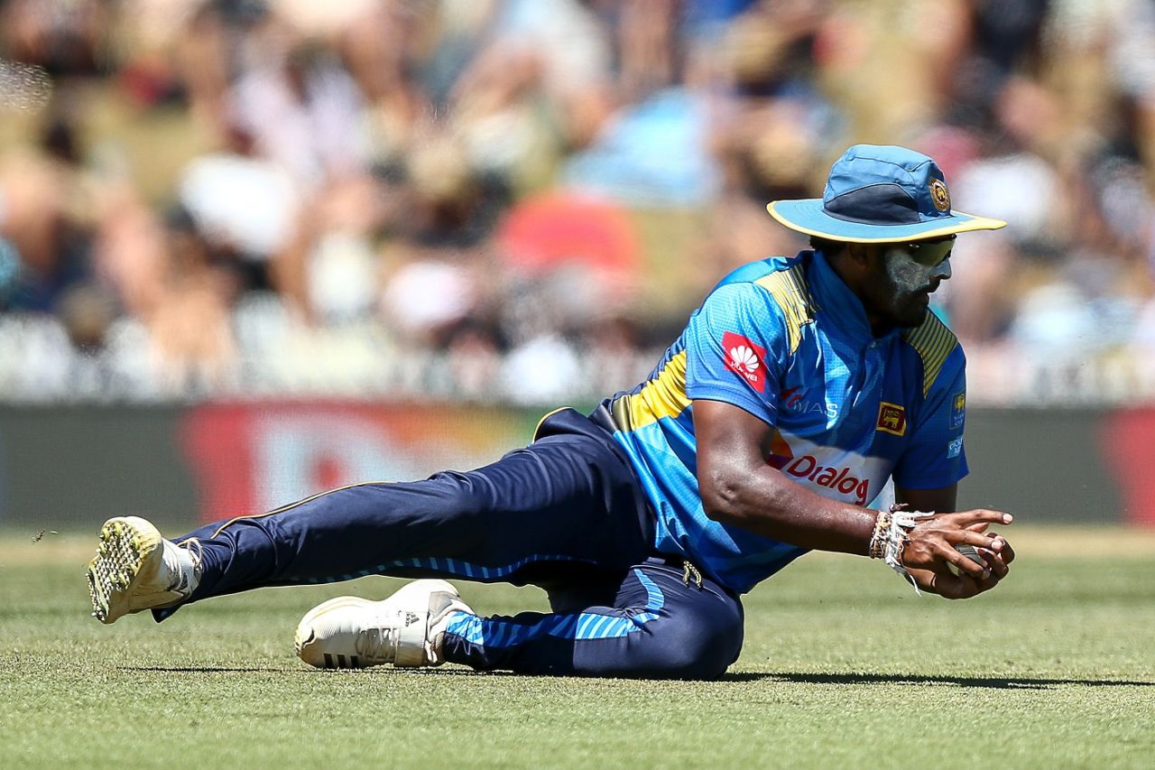 Thisara Perera gets down to field the ball, New Zealand v Sri Lanka, 3rd ODI, Nelson, January 8, 2019