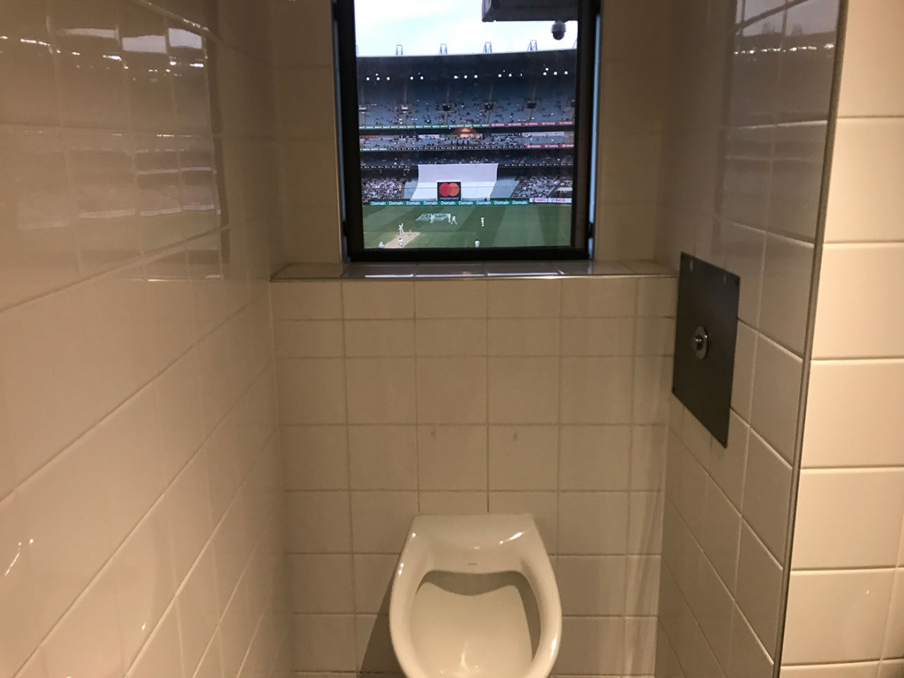 A view of play from a urinal in the members' section of the MCG, December 2018