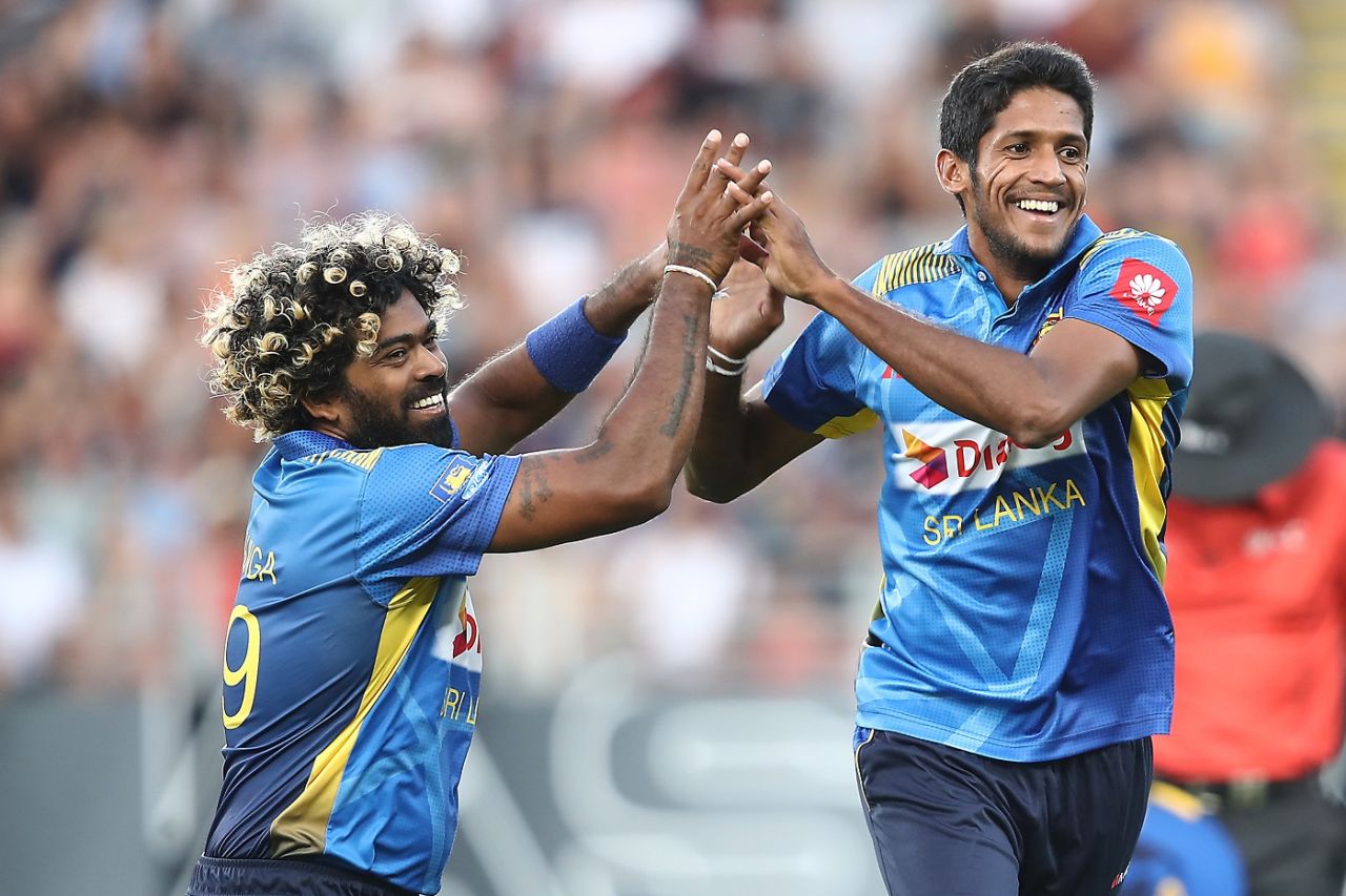 Lasith Malinga and Kasun Rajitha celebrate a wicket, New Zealand v Sri Lanka, Only T20I, Auckland, January 11, 2019