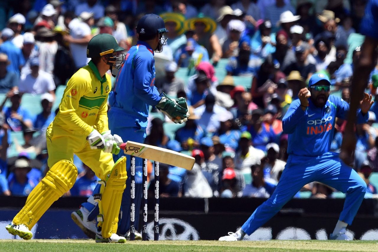 Alex Carey is caught at first slip by Rohit Sharma, Australia v India, 1st ODI, Sydney, January 12, 2019