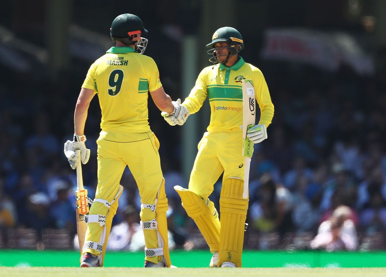 Shaun Marsh congratulates Usman Khawaja on the latter's half-century, Australia v India, 1st ODI, Sydney, January 12, 2019