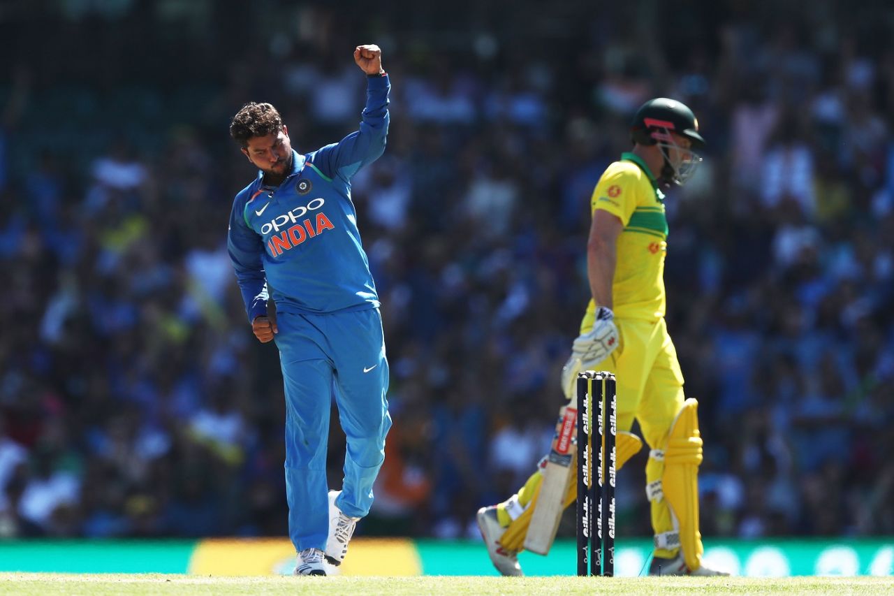 Kuldeep Yadav is chuffed after picking up a wicket, Australia v India, 1st ODI, Sydney, January 12, 2019