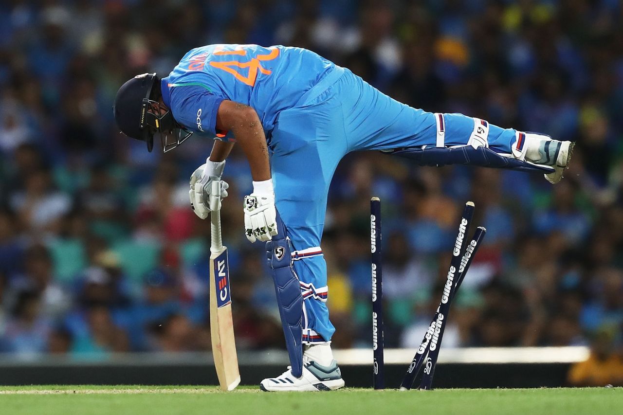 Rohit Sharma barges into the stumps while completing a single, Australia v India, 1st ODI, Sydney, January 12, 2019