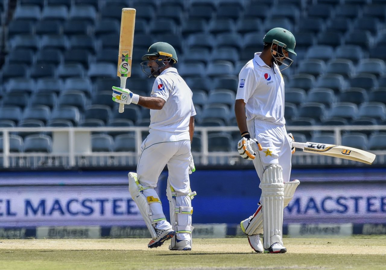 Asad Shafiq raises his bat after getting to a fifty, South Africa v Pakistan, 3rd Test, Johannesburg, 4th day, January 14, 2019