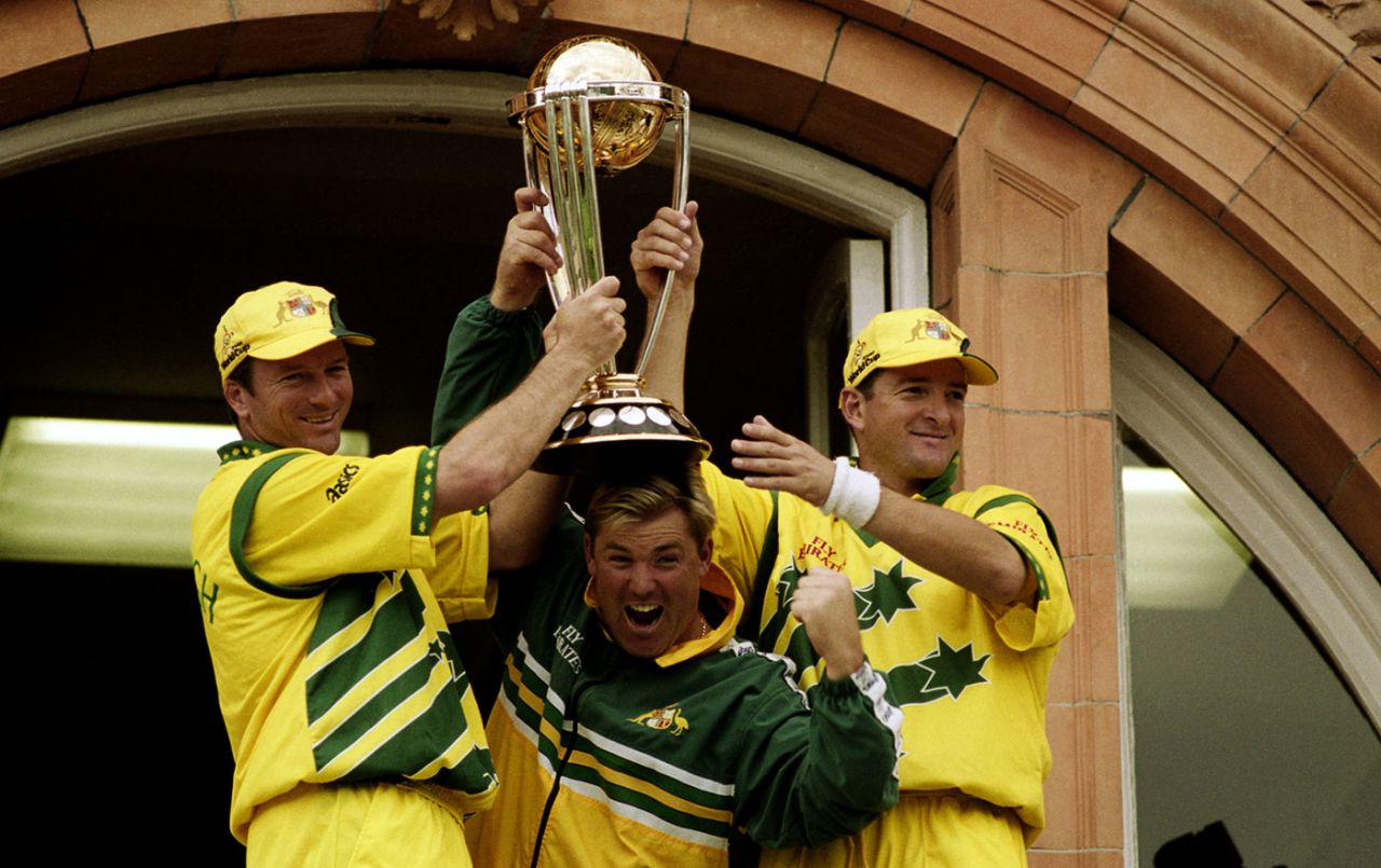 Steve Waugh, Shane Warne and Mark Waugh hold the 1999 World Cup trophy, Australia v Pakistan, World Cup final, June 20, 1999