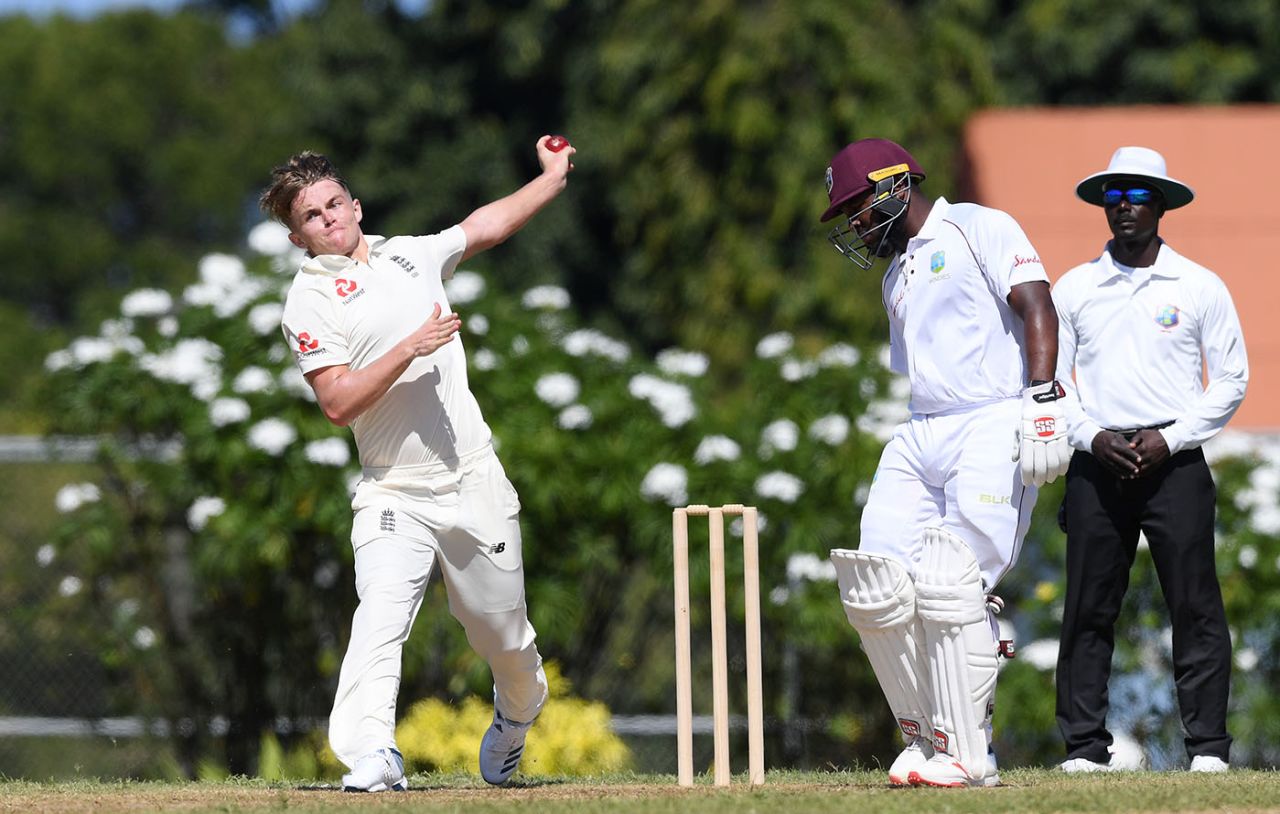 Sam Curran in his delivery stride, West Indies President's XI v England, Cave Hill, January 16, 2019