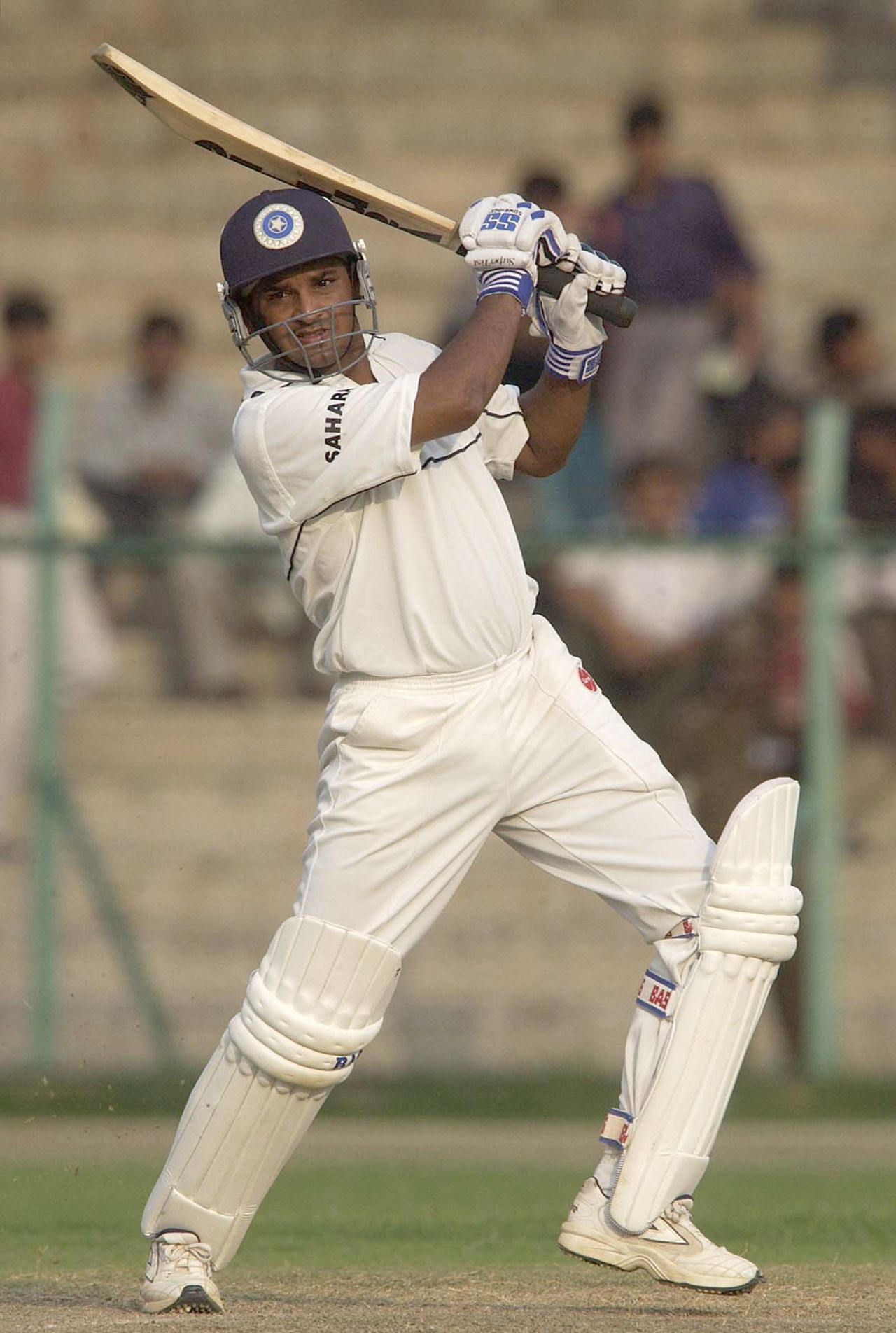 Jacob Martin drives the ball square, Board President's XI v England XI, Hyderabad, November 21, 2001 