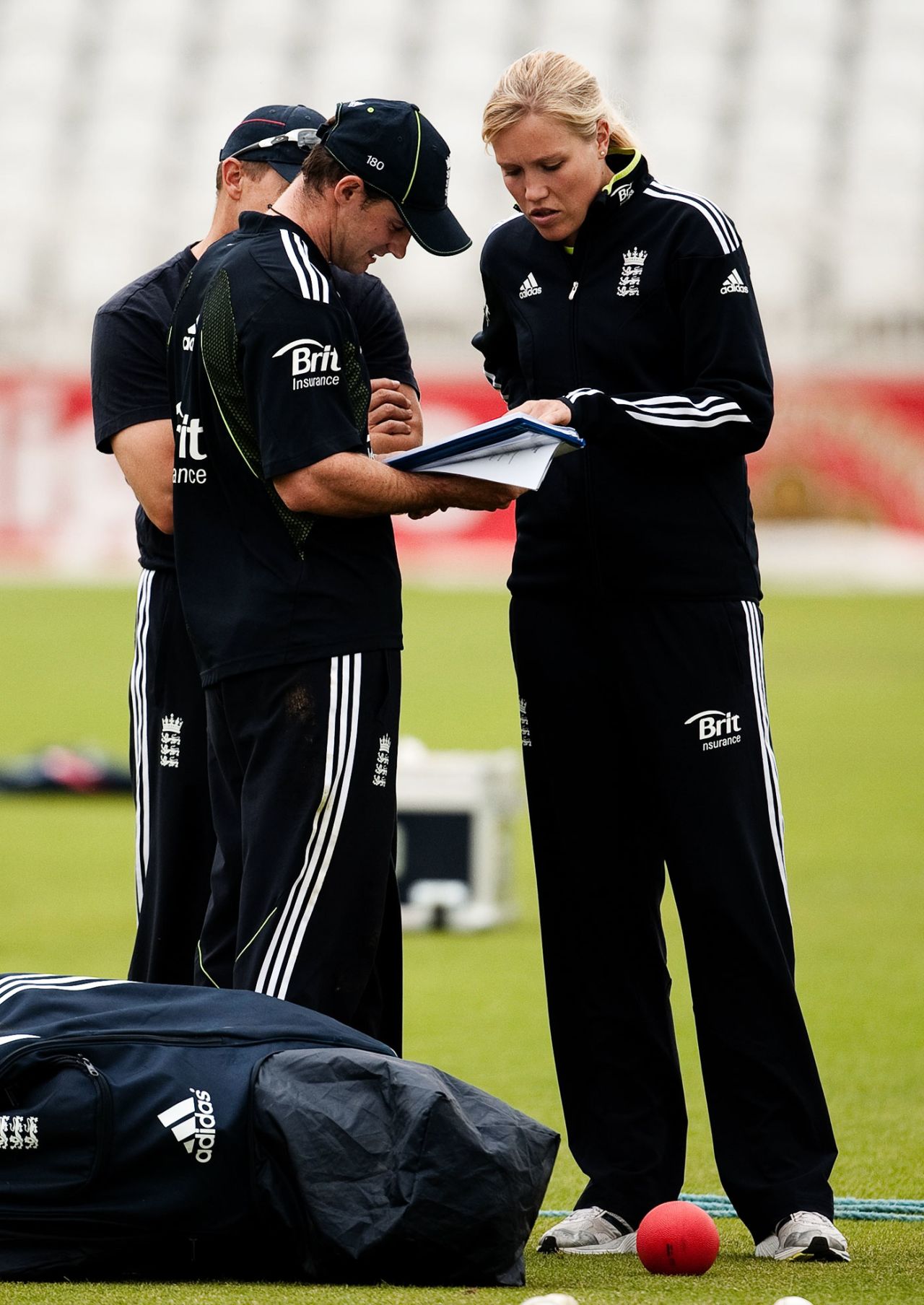 England captain Andrew Strauss talks to team analyst Gemma Broad, Trent Bridge, July 7, 2010