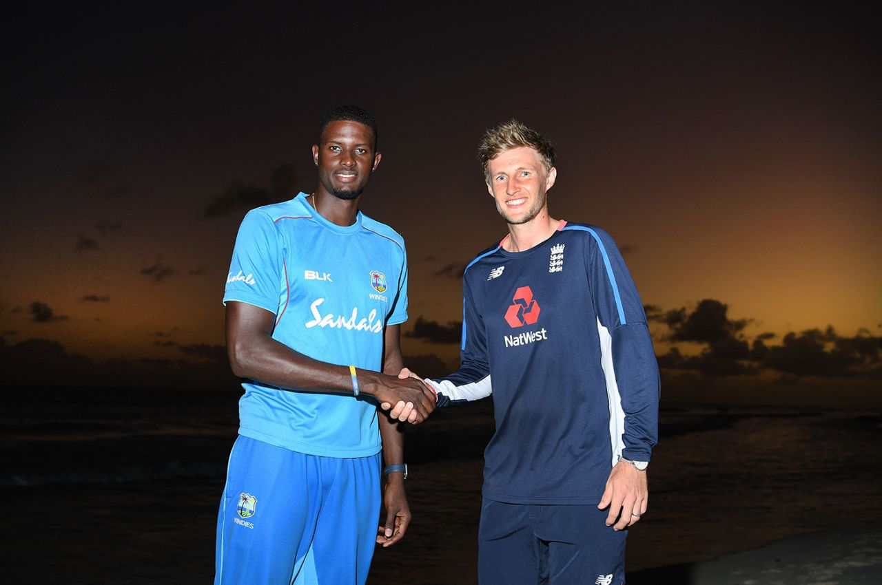 Jason Holder and Joe Root shake hands on the eve of the first Test, Barbados, January 21, 2019
