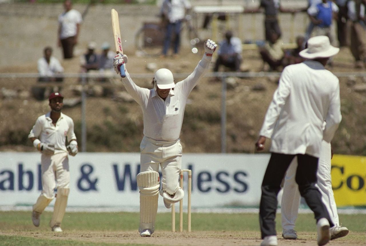 Wayne Larkins of England celebrates the winning run during the 1st Test match in Jamaica England tour of West Indies, 1990.
