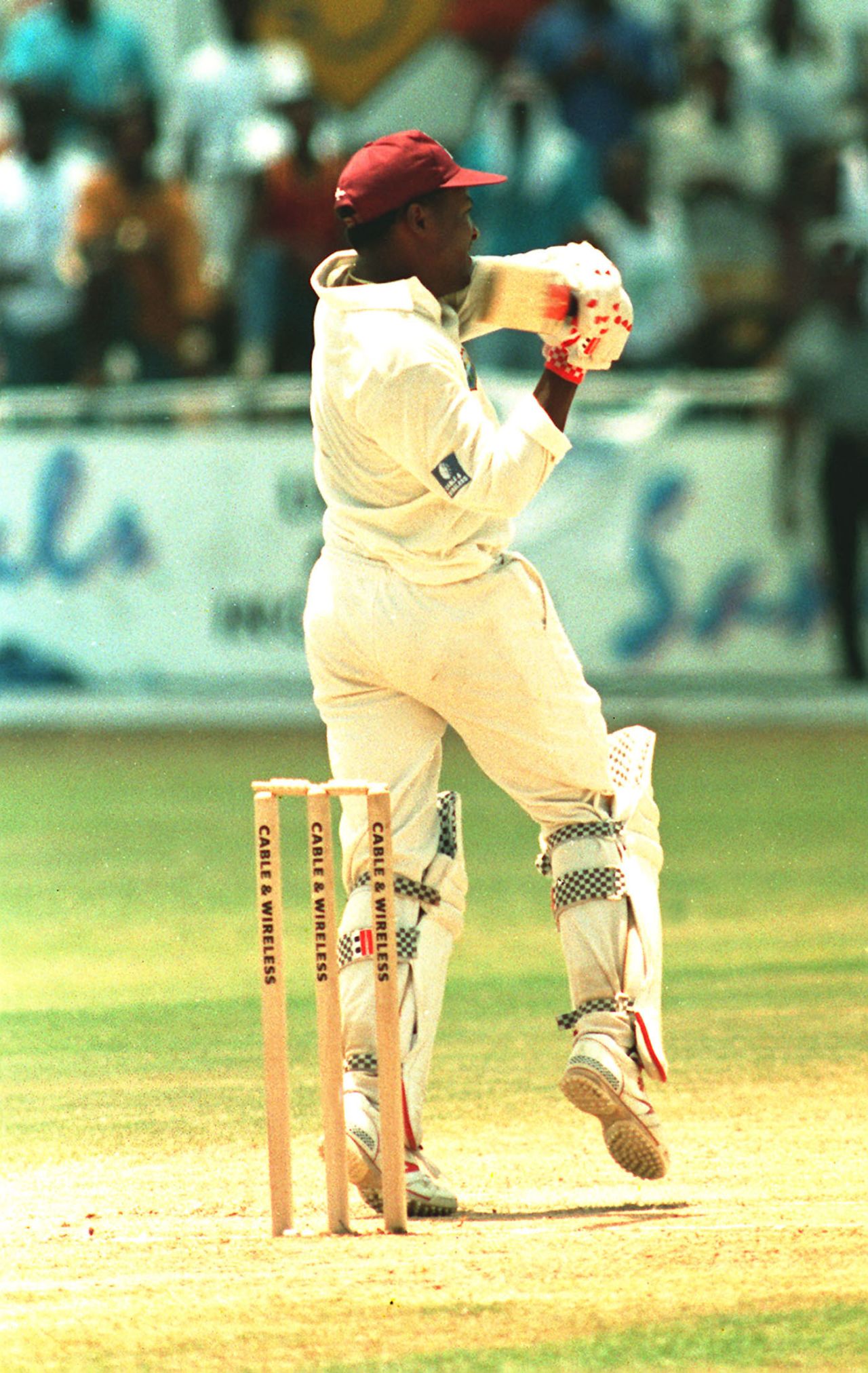 Brian Lara hits four runs, to pass the Sir Garfield Sobers record of 365 runs, during the third day of the 5th test at the Recreation Ground, St. John's, Antigua.