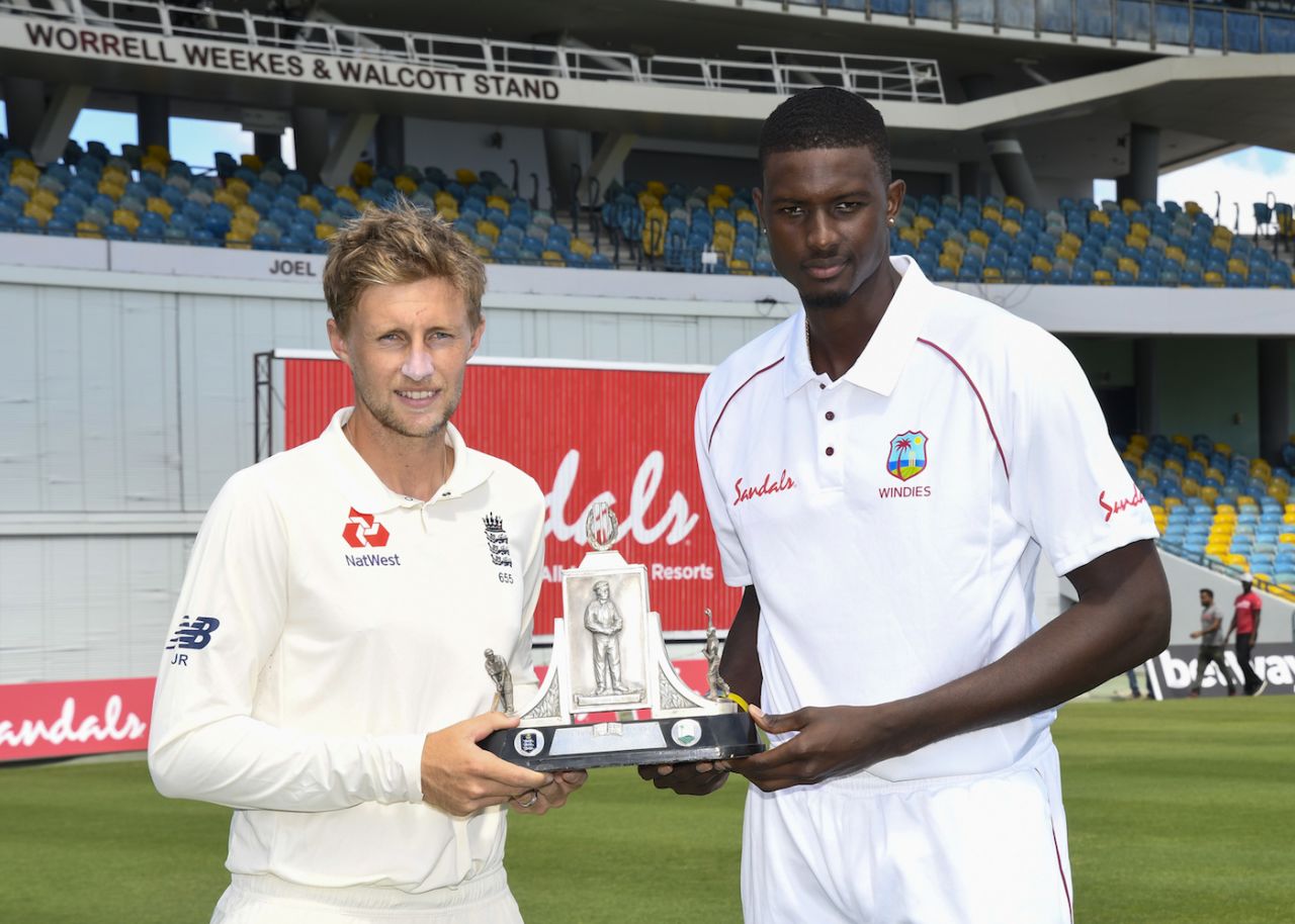 Captains Jason Holder and Joe Root with the Wisden Trophy, Bridgetown, January 22, 2019