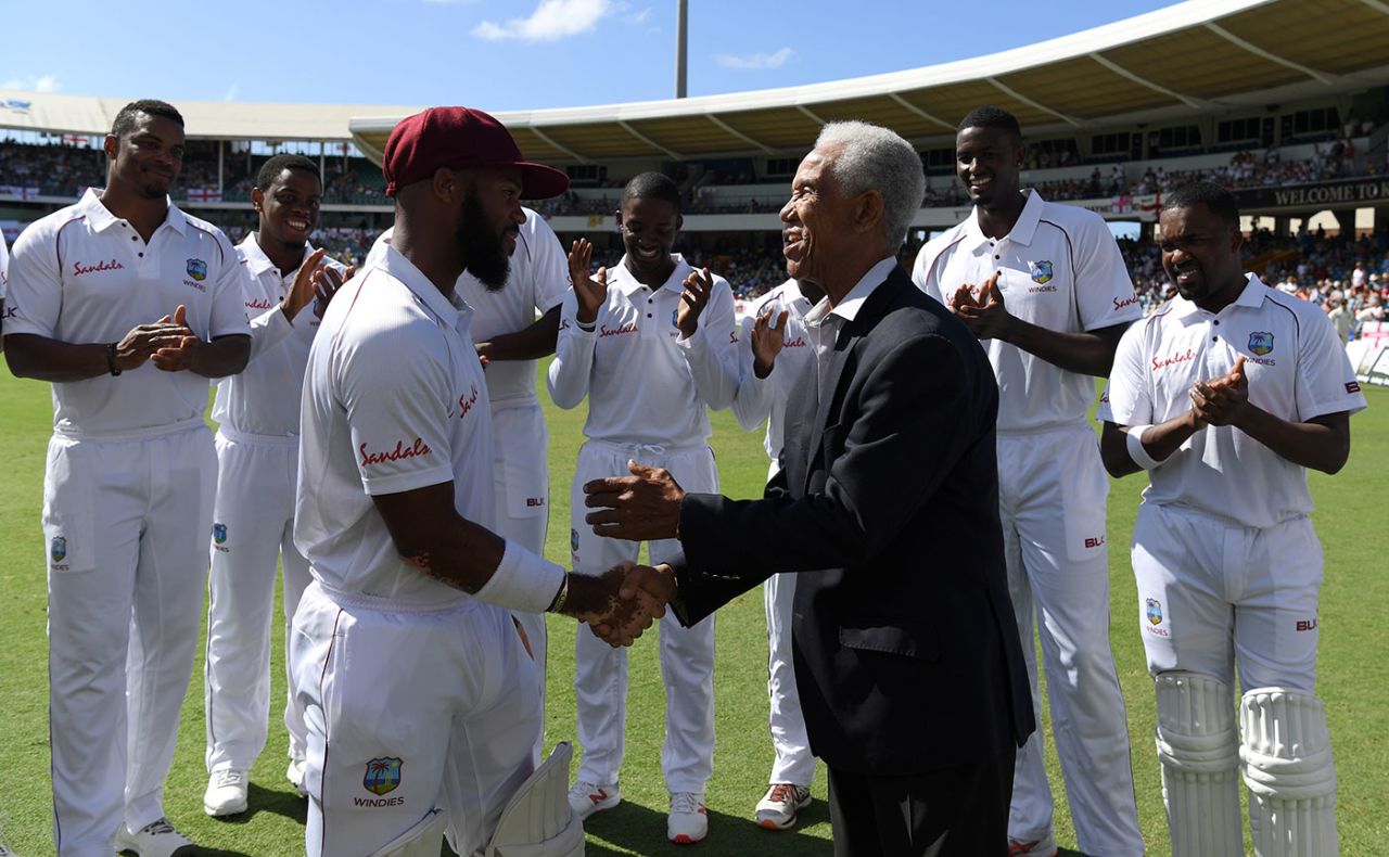 John Campbell receives his Test cap from Sir Garfield Sobers, West Indies v England, 1st Test, Barbados, 1st day, January 23,  2019