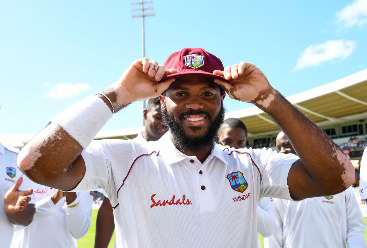 John Campbell with his new Test cap, West Indies v England, 1st Test, Barbados, 1st day, January 23,  2019