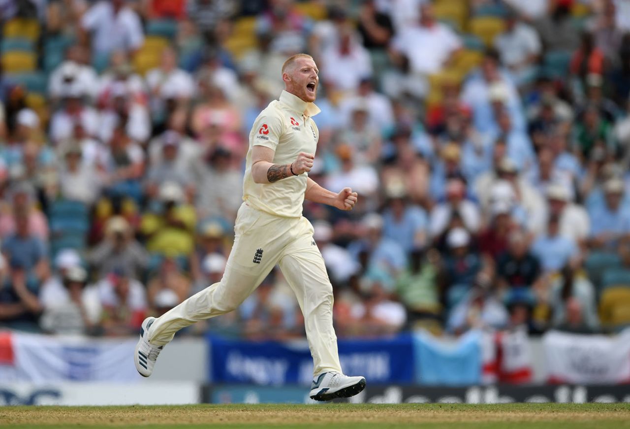 BRIDGETOWN, BARBADOS - JANUARY 23: Ben Stokes of England celebrates after taking the wicket of Kraigg Braithwaite of West Indies during Day One of the First Test match between England and West Indies at Kensington Oval on January 23, 2019 in Bridgetown, Barbados. (Photo by Shaun Botterill/Getty Images)