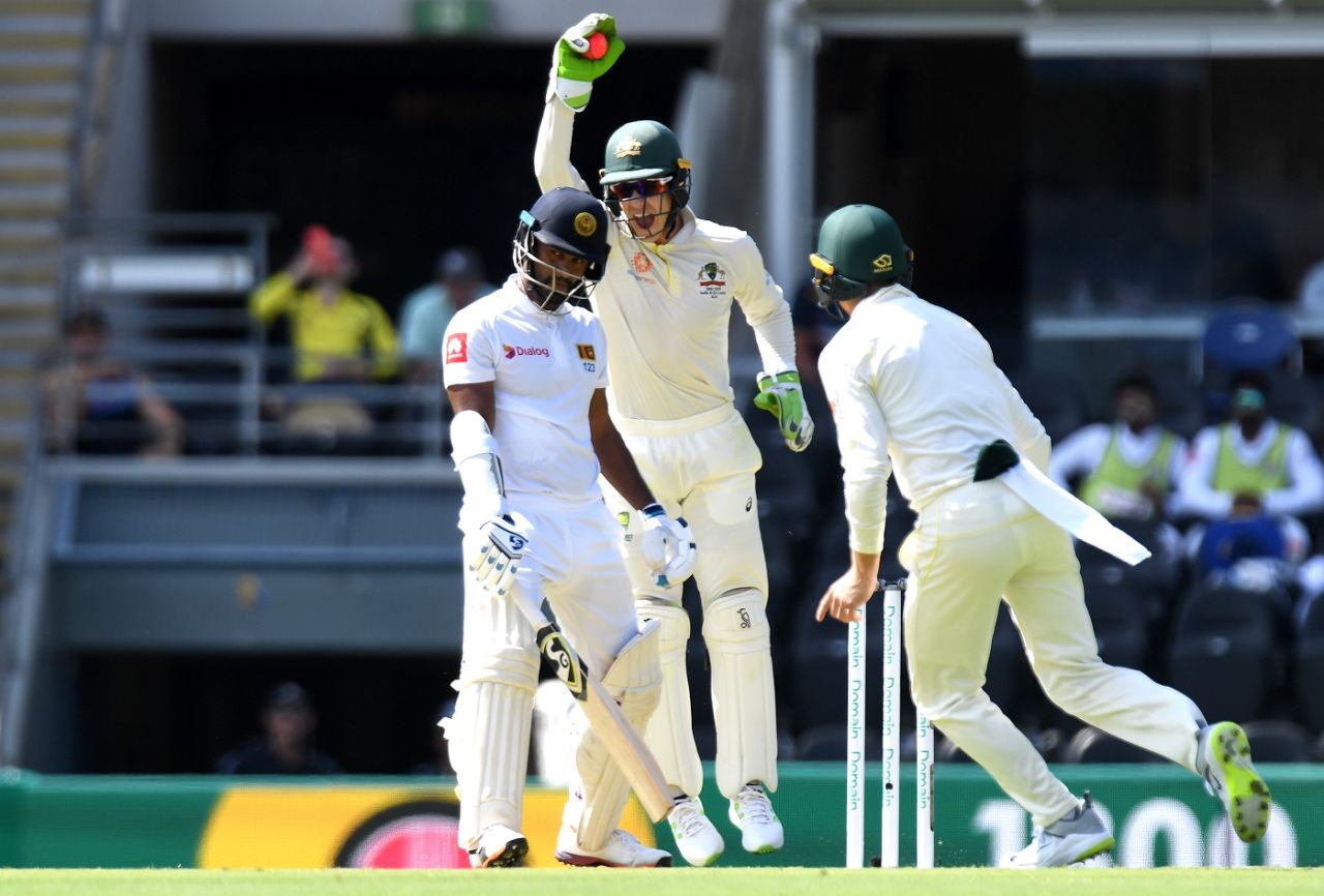 Dimuth Karunaratne is caught behind by Tim Paine, Australia v Sri Lanka, 1st Test, Brisbane, 1st day, January 24, 2019
