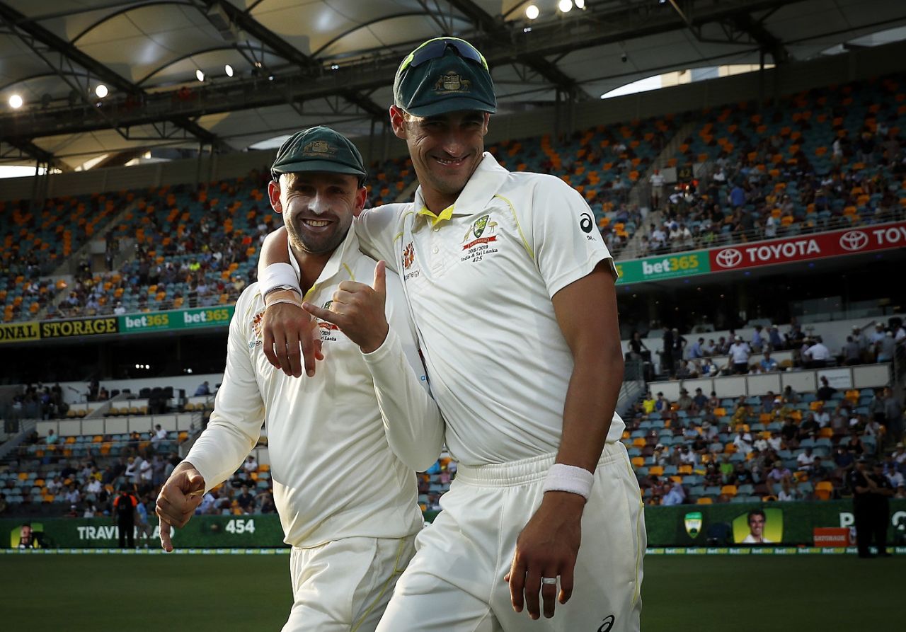 Nathan Lyon and Mitchell Starc share a light moment before the final session, Australia v Sri Lanka, 1st Test, Brisbane, 1st day, January 24, 2019