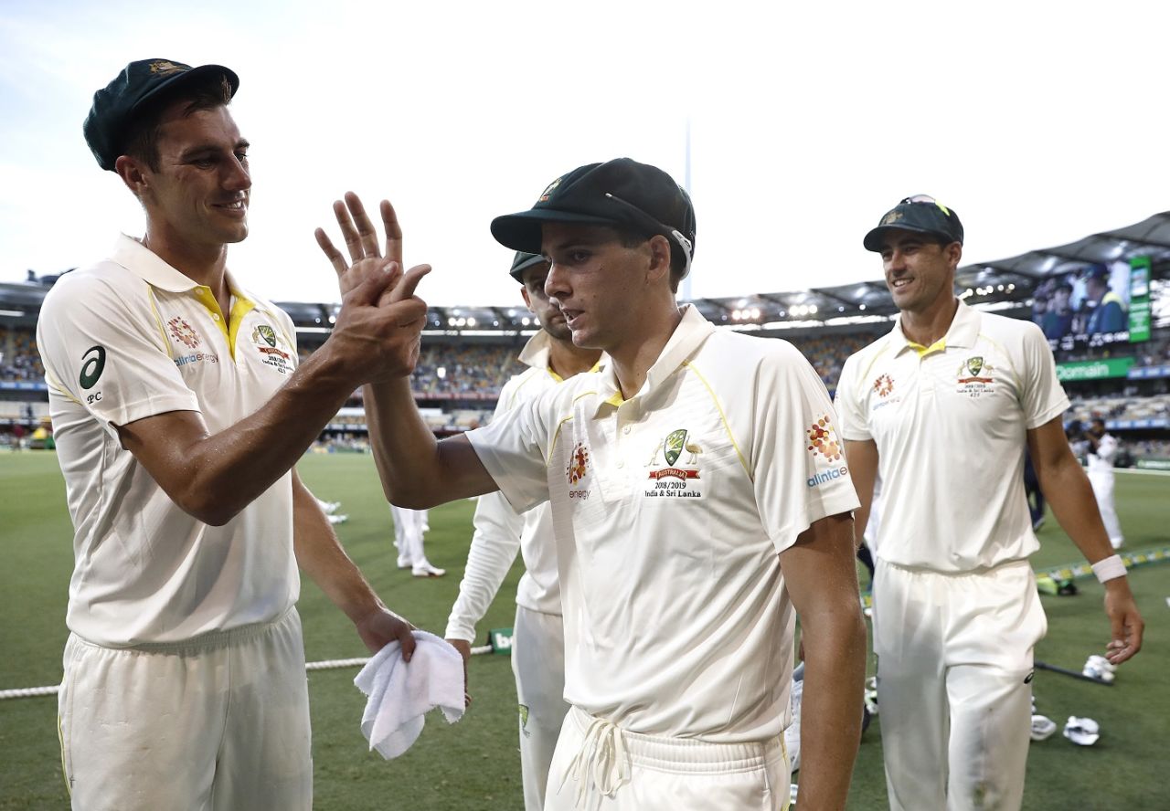 Pat Cummins and Jhye Richardson after taking seven wickets between them, Australia v Sri Lanka, 1st Test, Brisbane, 1st day, January 24, 2019