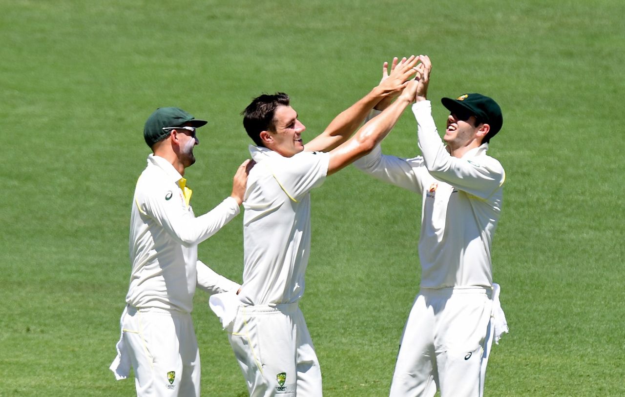Pat Cummins celebrates Kusal Mendis' dismissal, Australia v Sri Lanka, 1st Test, Brisbane, 3rd day, January 26, 2019