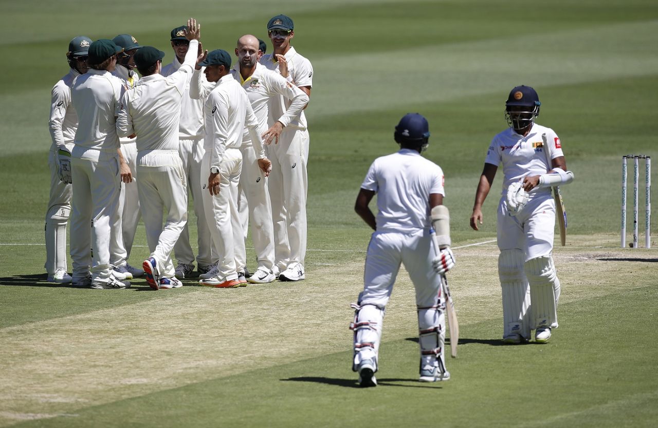 Nathan Lyon looks on after Lahiru Thirimanne reviews an lbw decision, Australia v Sri Lanka, 1st Test, Brisbane, 3rd day, January 26, 2019